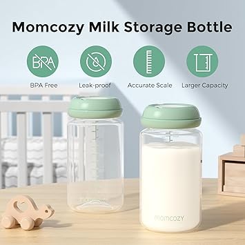 Momcozy Breastfeeding Access Natural Baby Bottle, 11oz Wide-Neck Breast Milk Container*4 Green