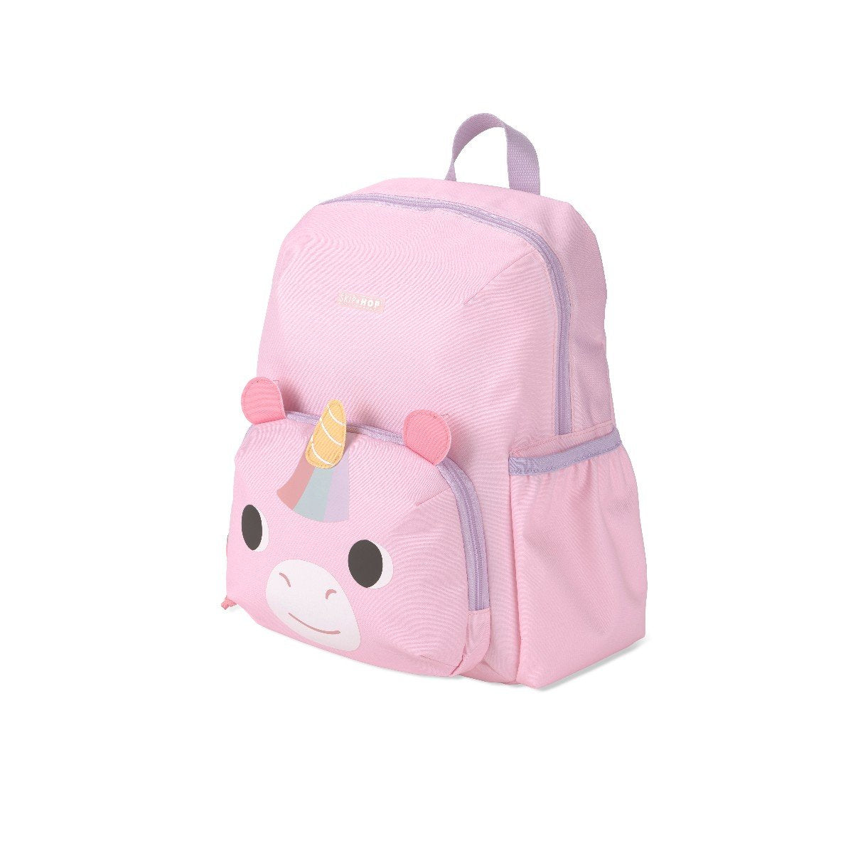 Angled side view of the Skip Hop Besties Squad unicorn kids backpack showing the side bottle pocket, lilac zip trim and top carry handle