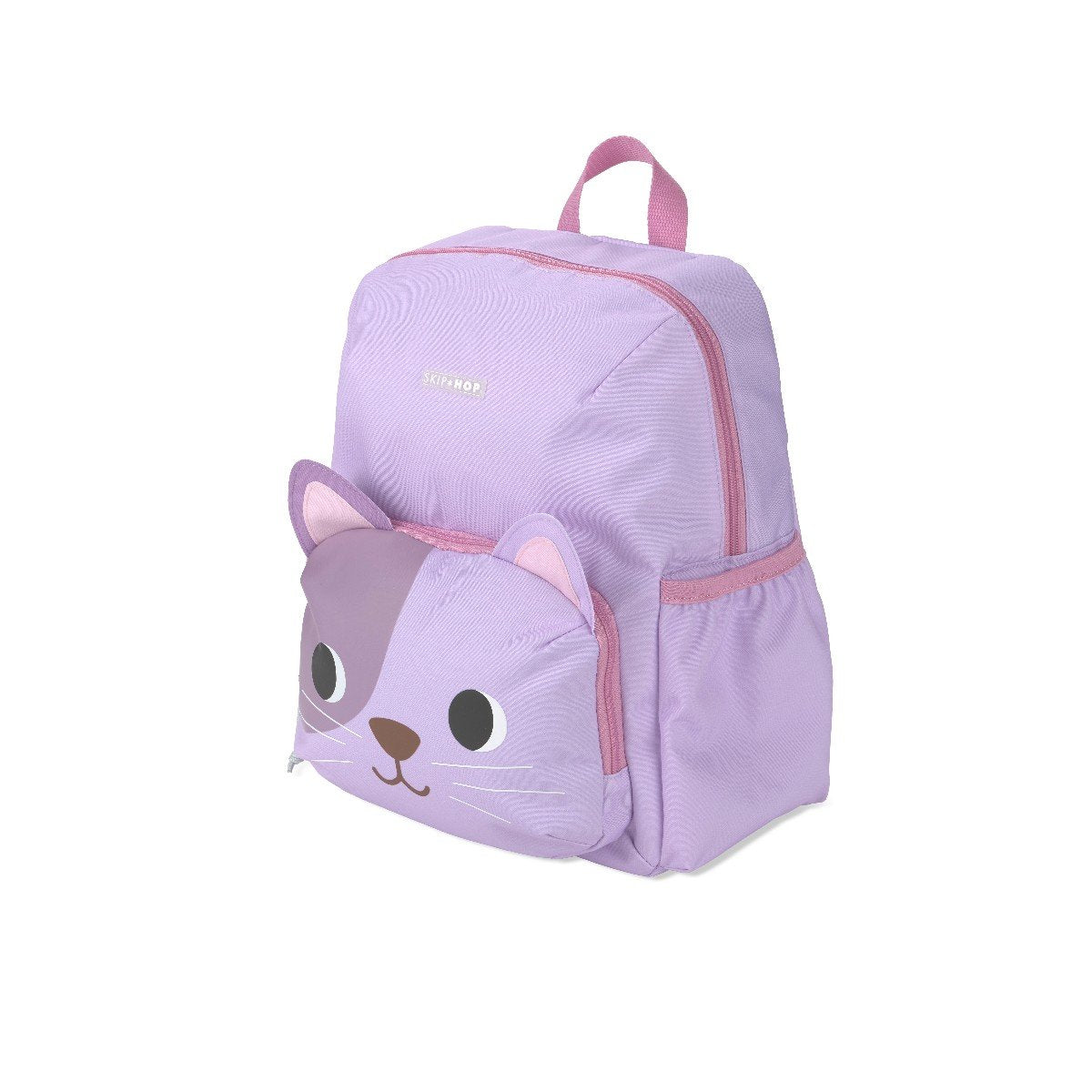 Angled side view of the Skip Hop Besties Squad cat kids backpack showing the side bottle pocket, pink zip trim and top carry handle