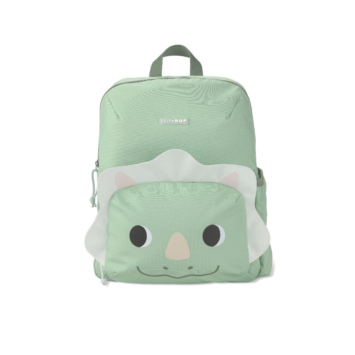 Skip Hop Besties Squad dino backpack for kids in sage green, front view showing dinosaur face front pocket with 3D frill and ears