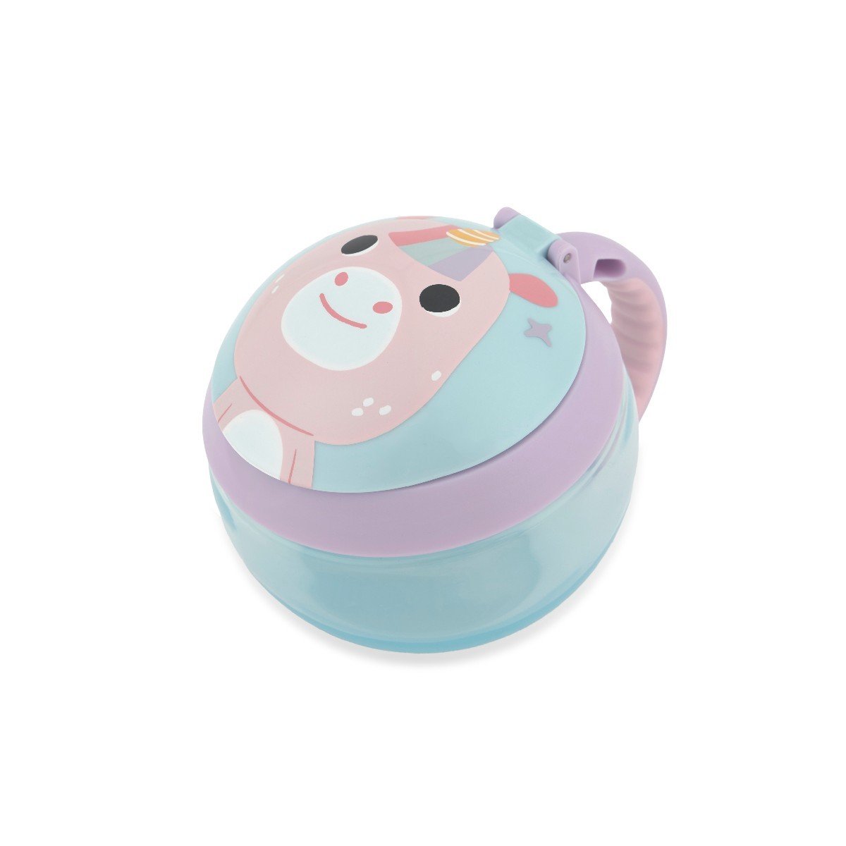 Skip Hop Besties Squad unicorn snack cup for toddlers in aqua with lavender rim, unicorn face lid and pink easy-grip handle
