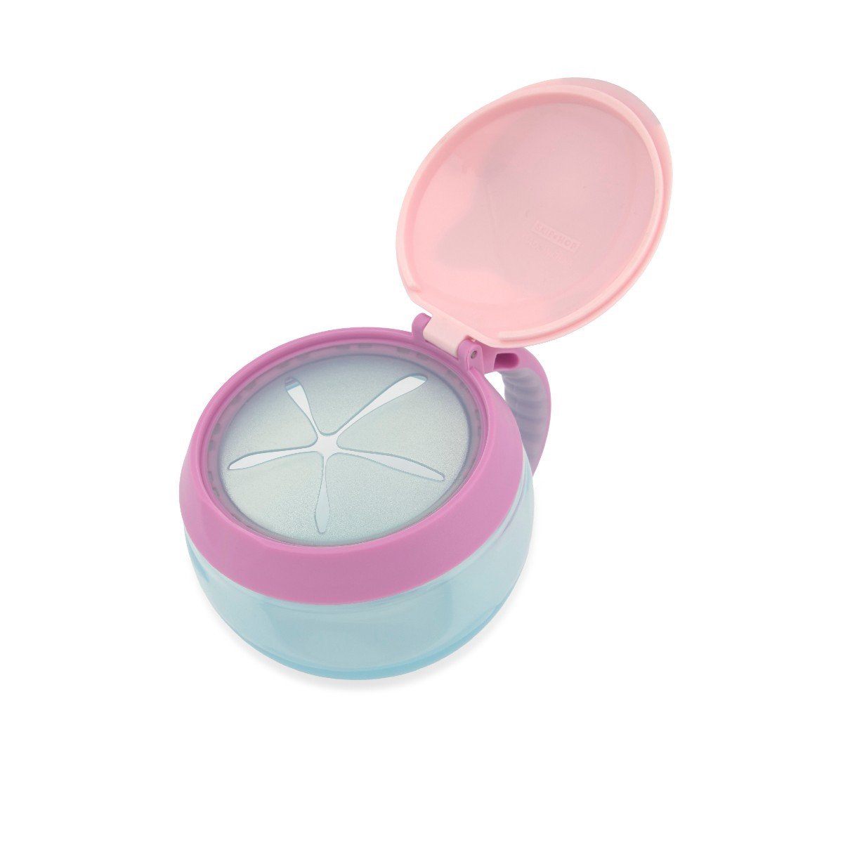 Skip Hop cat snack cup with snap-top lid open showing the flexible no-spill star opening that keeps snacks contained