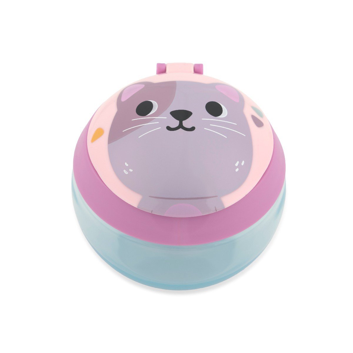 Top view of the Skip Hop cat toddler snack cup showing the whiskered cat face printed on the lid