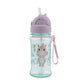 Skip Hop unicorn kids water bottle with the flip straw popped up ready for sipping, showing the 355 ml bottle and pink strap