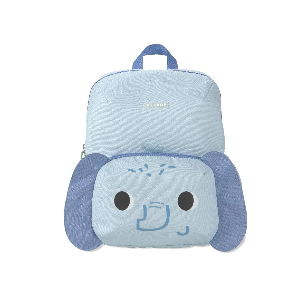 Skip Hop Besties Squad elephant backpack for kids in powder blue, front view showing elephant face front pocket with floppy 3D ears and trunk