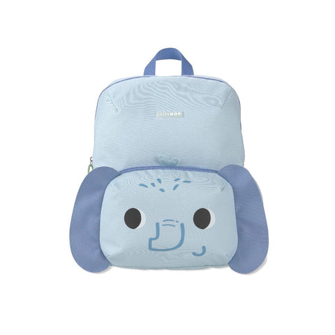 Skip Hop Besties Squad elephant backpack for kids in powder blue, front view showing elephant face front pocket with floppy 3D ears and trunk