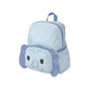 Angled side view of the Skip Hop Besties Squad elephant kids backpack showing the side bottle pocket, top carry handle and periwinkle zip trim