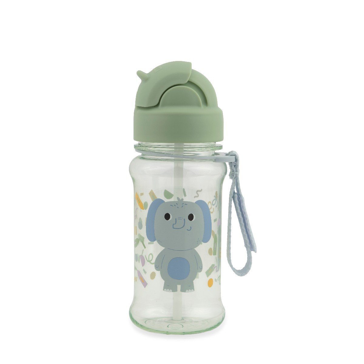 Skip Hop Besties Squad elephant straw bottle for kids with sage green flip-top lid closed, clear bottle with blue elephant print and grab strap