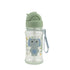 Skip Hop Besties Squad elephant straw bottle for kids with sage green flip-top lid closed, clear bottle with blue elephant print and grab strap