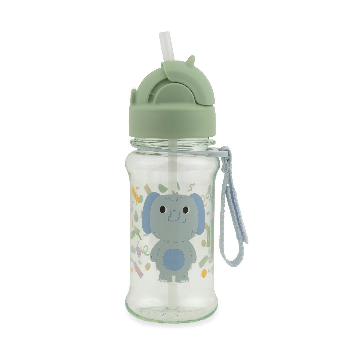 Skip Hop elephant kids water bottle with the flip straw popped up ready for sipping, showing the 355 ml bottle and powder-blue strap