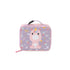 Skip Hop Besties Squad unicorn insulated lunch bag for kids, front view with pink trim and unicorn confetti print on lilac panel