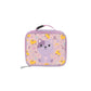 Skip Hop Besties Squad cat insulated lunch bag for kids, front view with lavender trim and cat with roller-skate confetti on blush pink panel