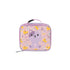 Skip Hop Besties Squad cat insulated lunch bag for kids, front view with lavender trim and cat with roller-skate confetti on blush pink panel