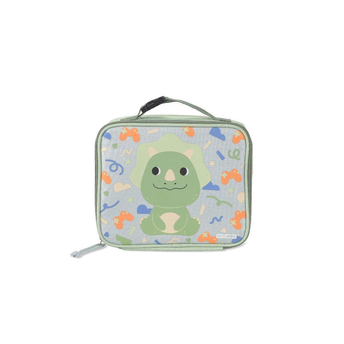 Skip Hop Besties Squad dino insulated lunch bag for kids, front view with sage green trim and dinosaur with game-controller confetti print