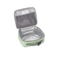 Skip Hop dino lunch bag open and empty showing insulated easy-wipe lining, interior mesh pocket and write-on name label
