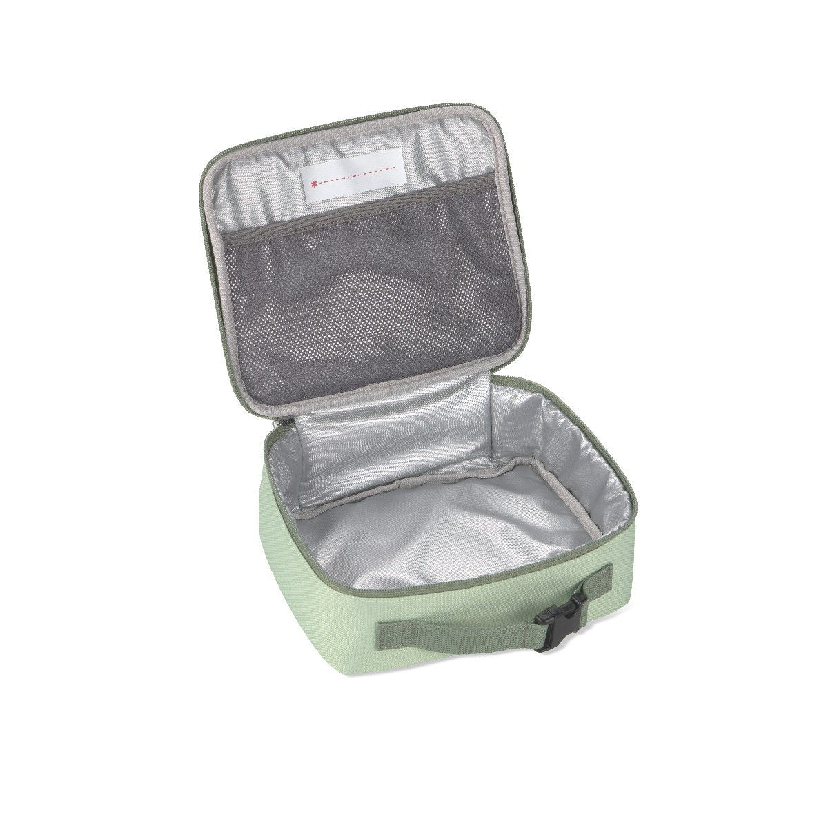 Skip Hop dino lunch bag open and empty showing insulated easy-wipe lining, interior mesh pocket and write-on name label
