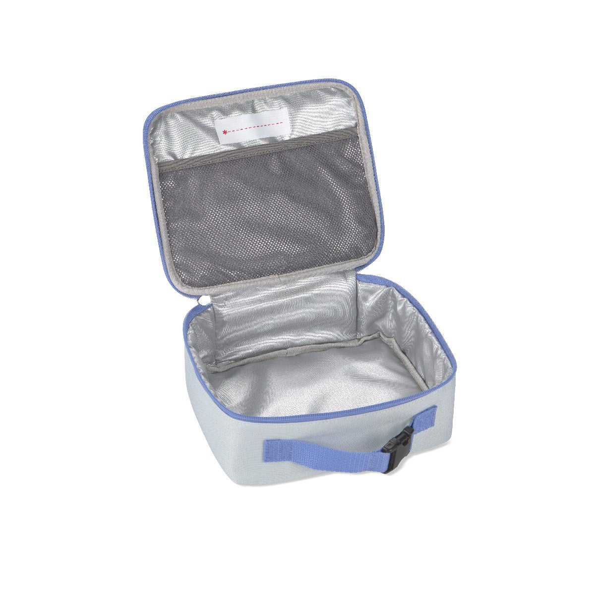 Skip Hop elephant lunch bag open and empty showing insulated easy-wipe lining, interior mesh pocket and write-on name label