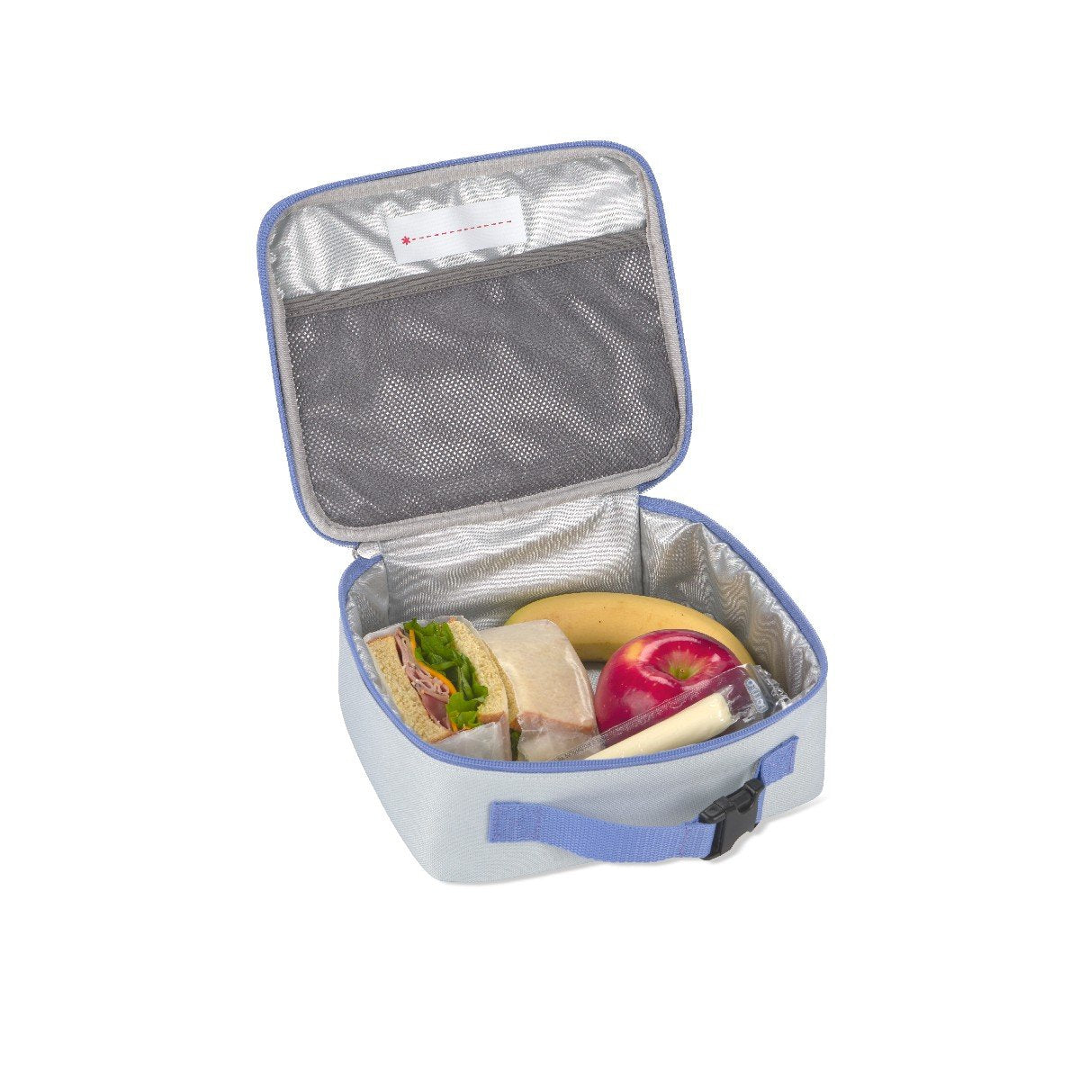 Skip Hop elephant insulated lunch bag packed with a sandwich, apple, banana and cheese to show its roomy capacity