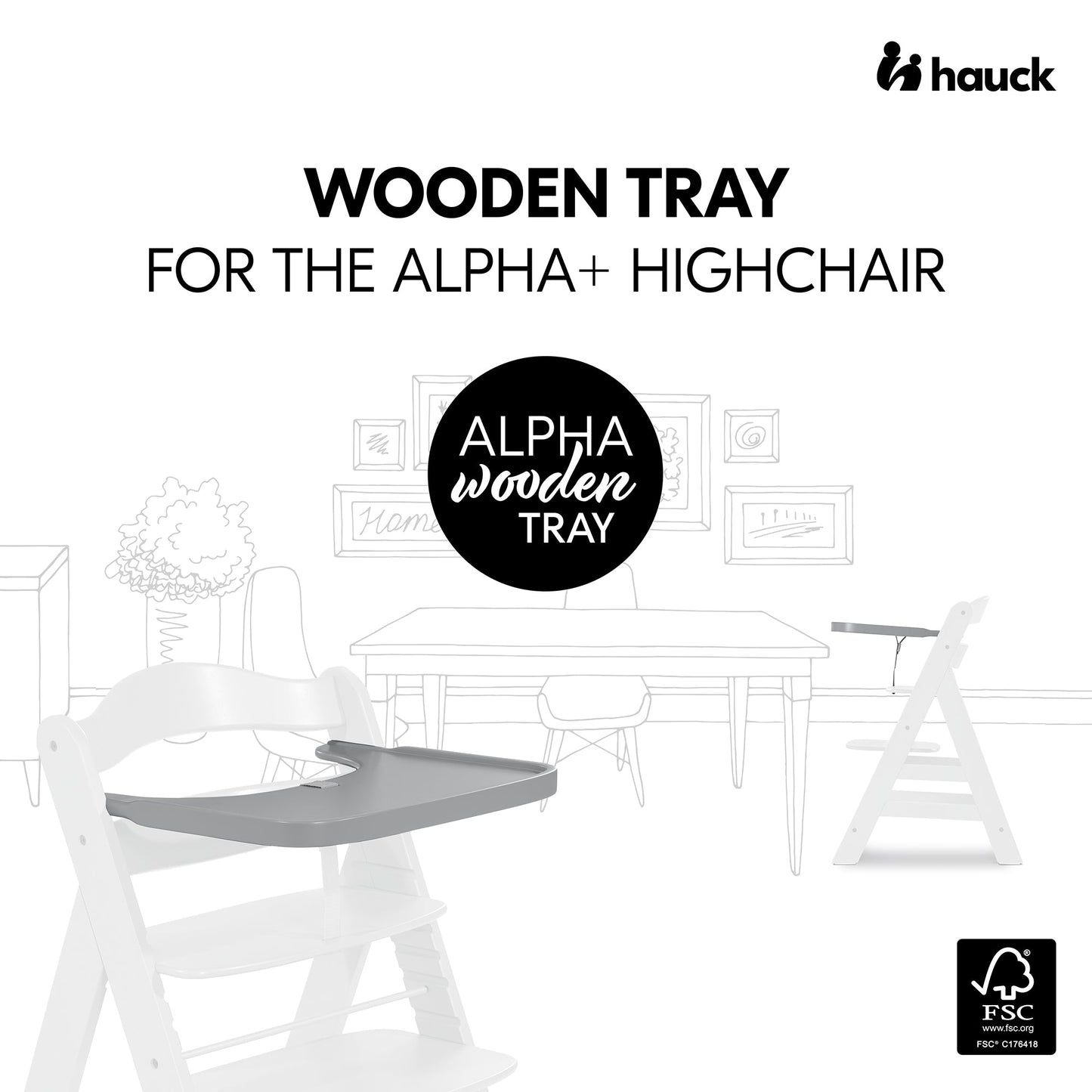 Hauck Alpha Wooden Tray | Fashion Grey | Used for 6M to 36M