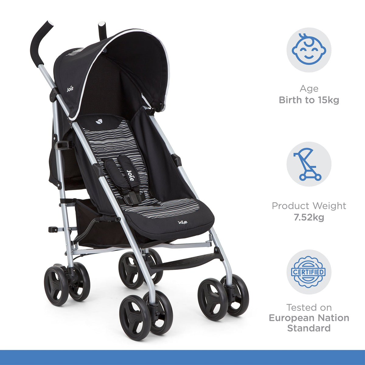 Joie Rapid Stroller || Fashion-Skewed Lines Caviar || Used for Birth+ to 36months