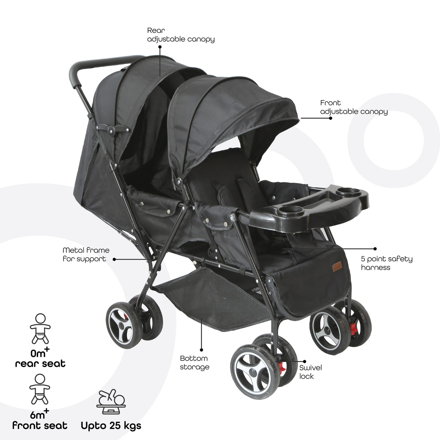 Moon Magnum Twin Stroller Black Birth to 15 kg - Open Box